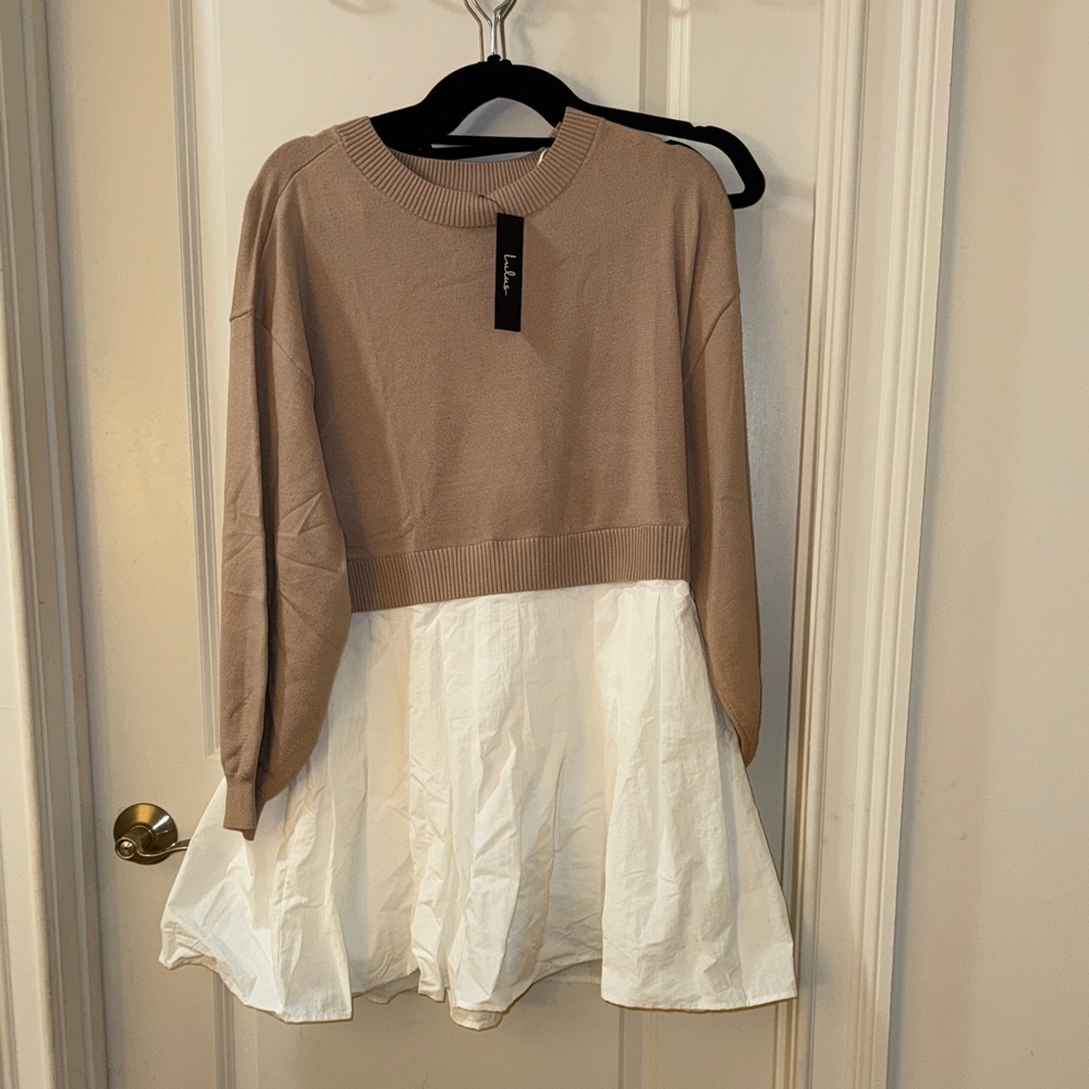 Tan and White layered Sweater Dress LULUS-size L